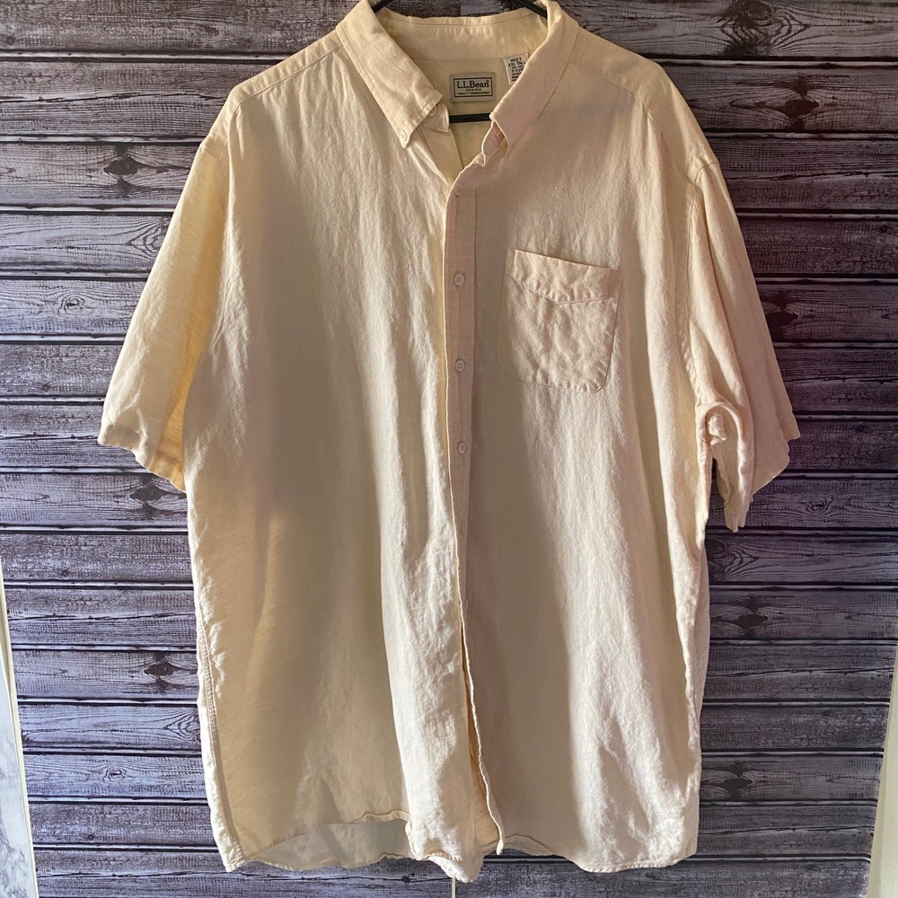 LL Bean Men's Short-Sleeved Button-Down Shirt Sz XXL-Tall Dark-Cream 100% Linen‎